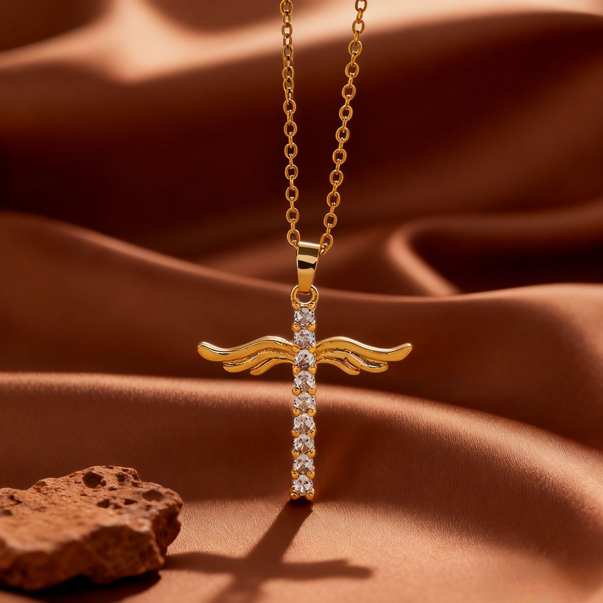 Rose Gold Plated Titanium Steel Cross Necklace For Women With Micro Pave Zircon Copper Pendant Bohemian Style