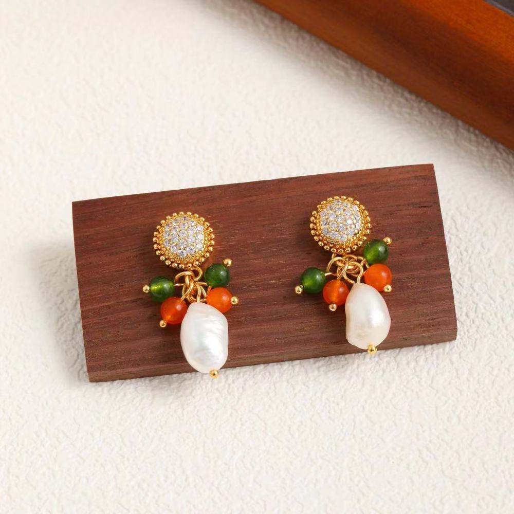 Colorful Natural Stone Beaded Necklace Bracelet Earrings Ring Set Women's Fashion Jewelry Accessories Candy Color Trendy Geometric Pattern