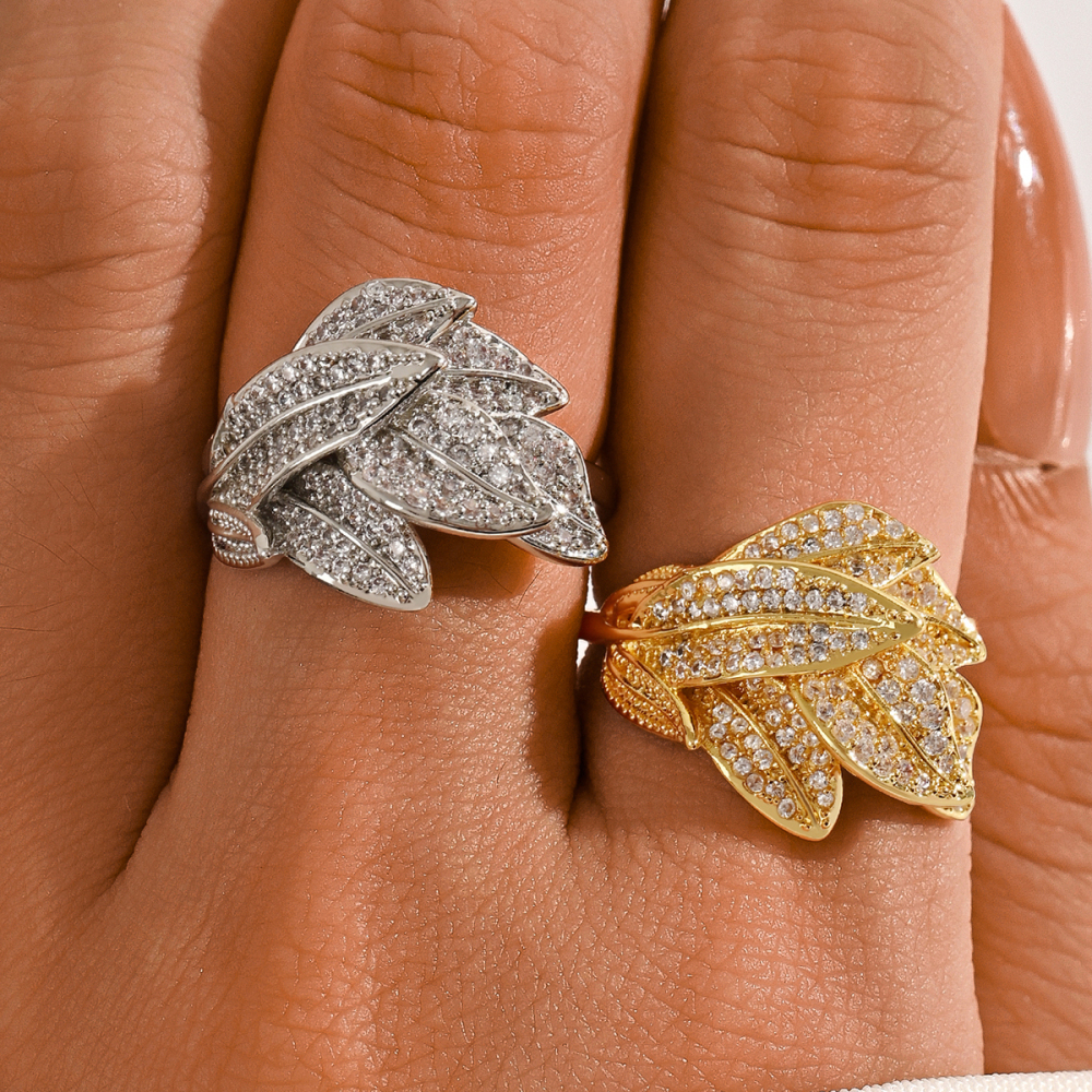 1 Piece Copper Inlaid Zircon Material Ladies Leaf Ring Exquisite Exaggerated Fashion Banquet Party Jewelry Accessories