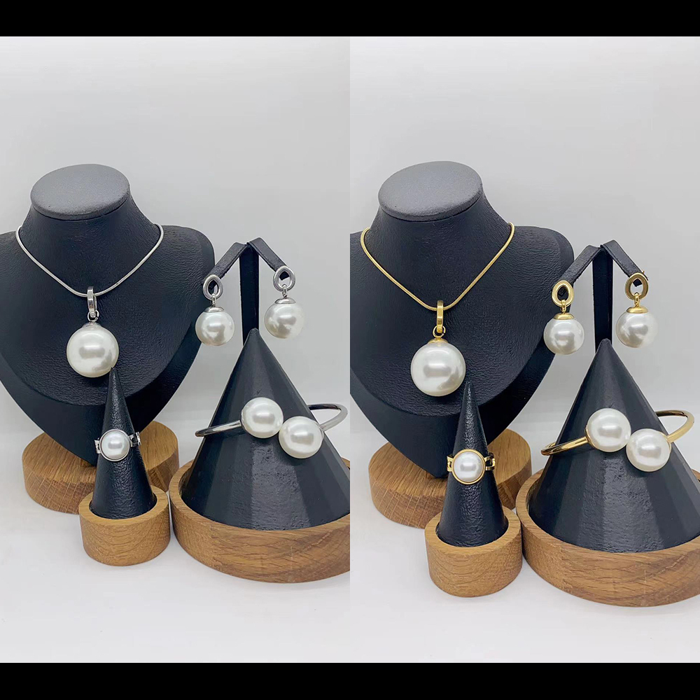 Fashion Trend Ins Style Exaggerated 304 Stainless Steel Acrylic Imitation Pearl Large Round Bead Necklace Earrings Ring Bracelet Set