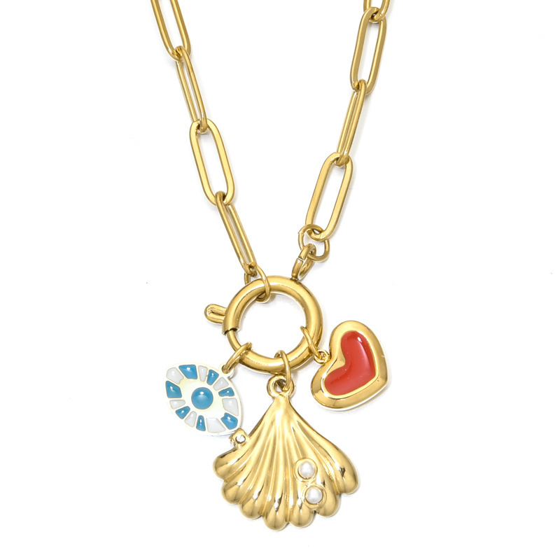 Stainless Steel Spring Buckle Necklace Star Moon Heart Pendant DIY Accessories Geometric Pattern Simple Style For Women