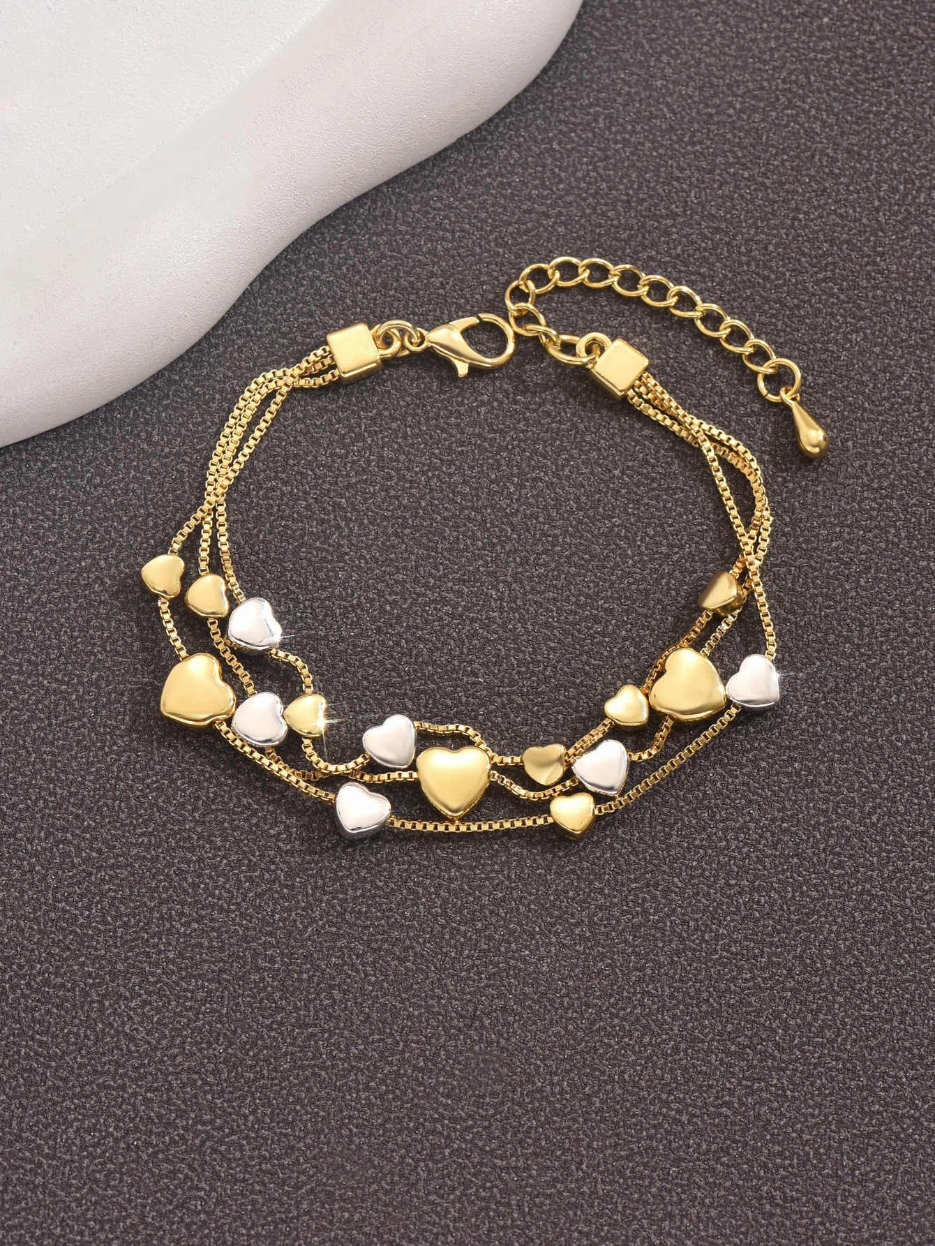 Multi-Layer Geometric Heart Shaped Women's Fashion Copper Bracelet Plated In Gold And Silver Ins Style Flexible Hand Accessory