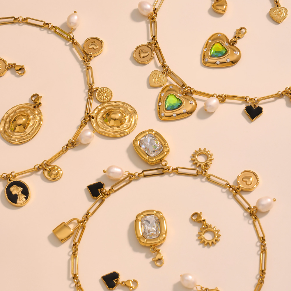 Handmade Stainless Steel Zirconia Heart Pearl Necklace 18K Gold Plated Multi-Accessories Geometric Pattern Jewelry For Women