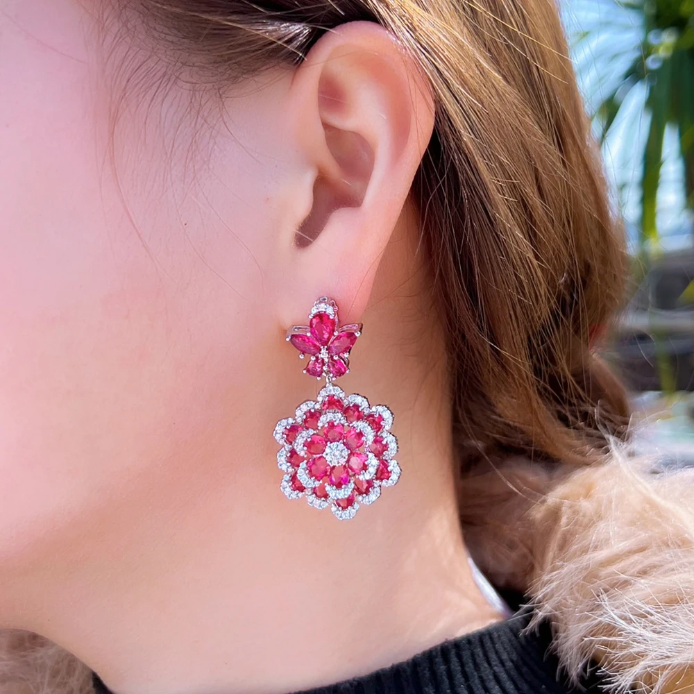 1 Pair Of Copper Double-Layer Floral Earrings, Three-Dimensional Red Zircon Earrings, Fashionable And Elegant, Suitable For Women To Wear On Dates And Weddings