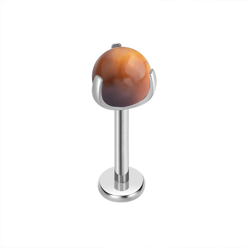 Natural Tiger Eye Stone Titanium Alloy Earrings Lip Ring Tongue Ring F136 Titanium Three-Prong Setting Fashion Simple Style Round Electroplated Jewelry Accessories