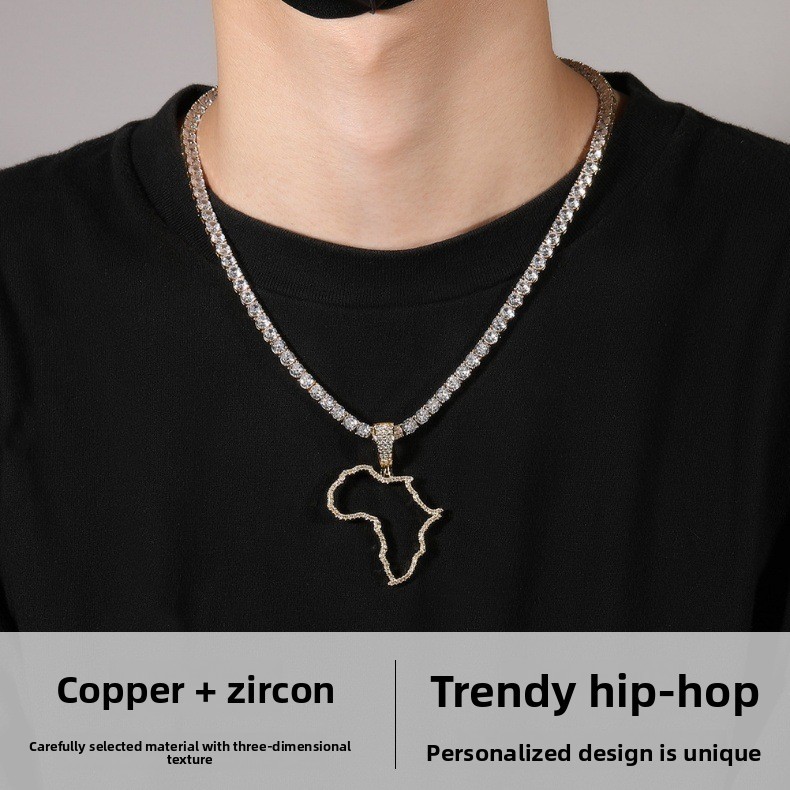 Fashion Hollow Copper Inlaid Zircon African Map Pendant Vacuum Electroplated 304 Stainless Steel Unique Design Hip Hop Style Fashion Accessories