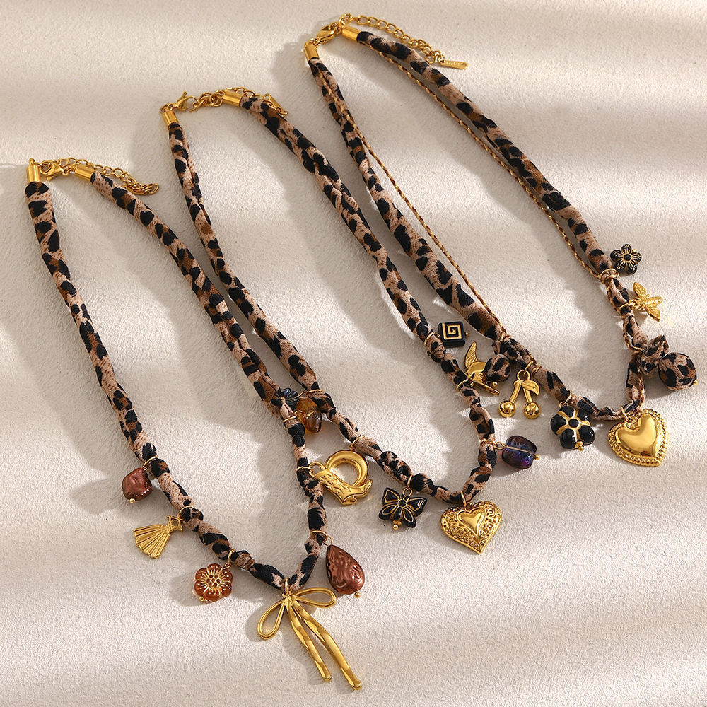 Geometric Leopard Print Tassel Bowknot Shell Heart Pendant 304 Stainless Steel Polyester Multi-Chain Women's Luxurious Fall Winter Accessories