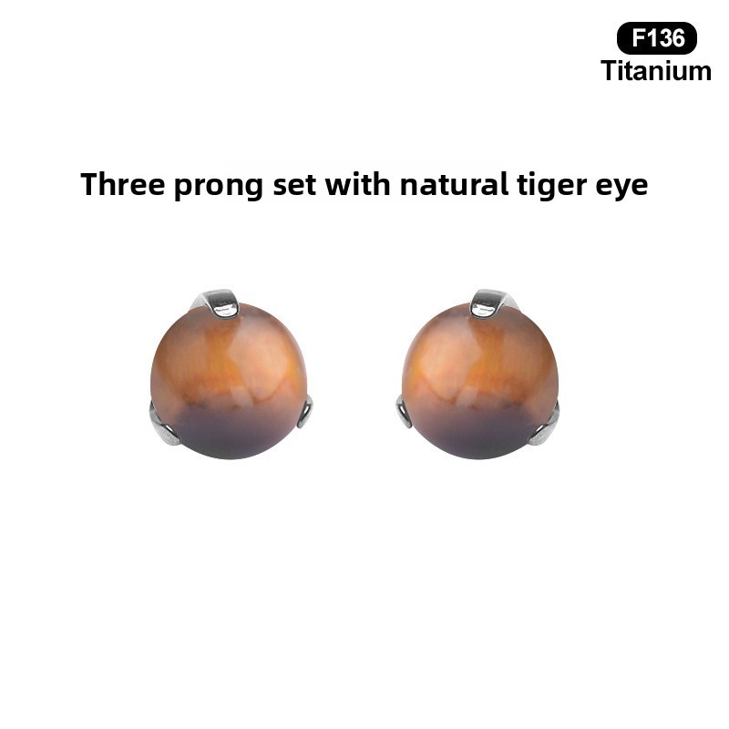 Natural Tiger Eye Stone Titanium Alloy Earrings Lip Ring Tongue Ring F136 Titanium Three-Prong Setting Fashion Simple Style Round Electroplated Jewelry Accessories