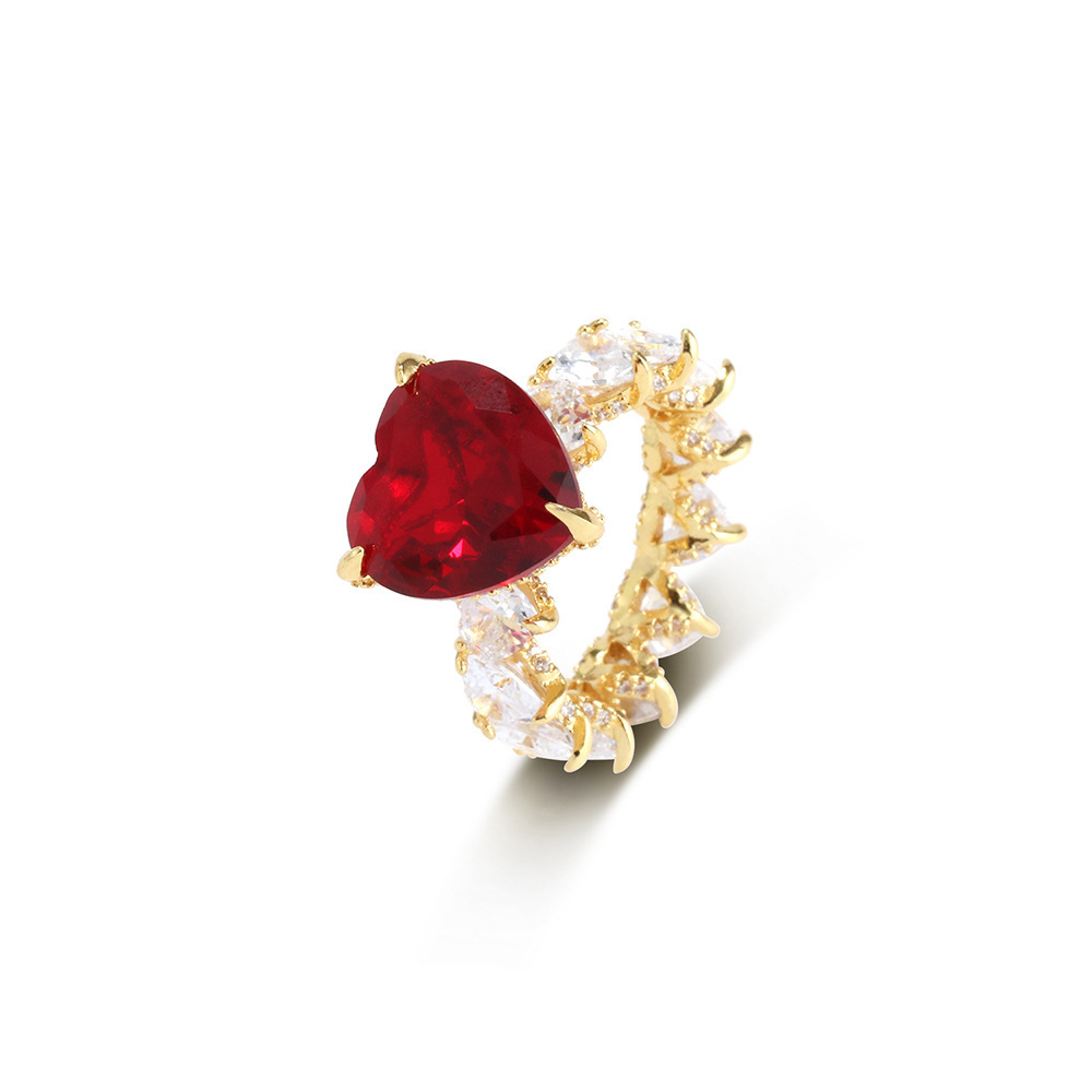 Jewelry Hip Hop Color Zircon Heart-Shaped Ring  18K Gold Plating Platinum Women's Ring  Zhang Yang Atmospheric Trend Female Ring