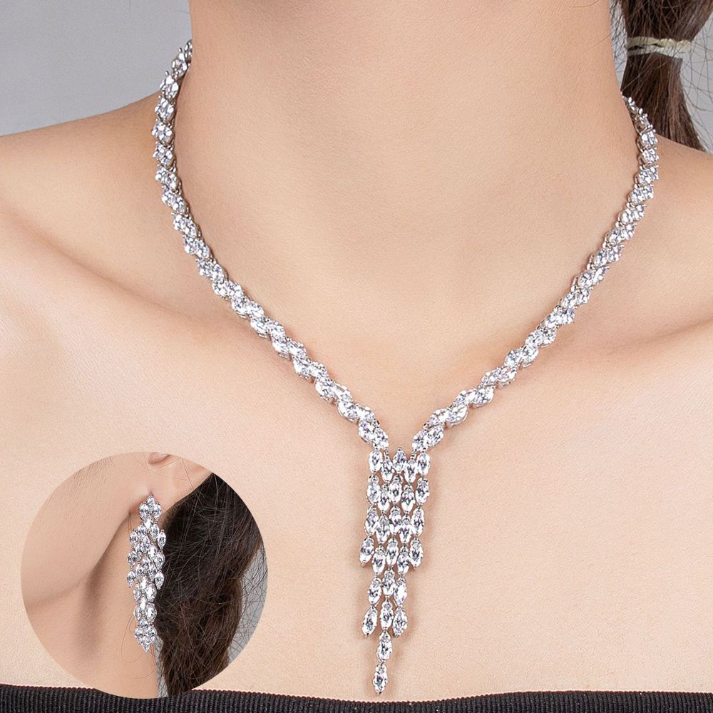 Zirconia Bridal Jewelry Set Earrings And Necklace Tassel Wedding Accessories Leaf Pattern Simplicity Designed For Women