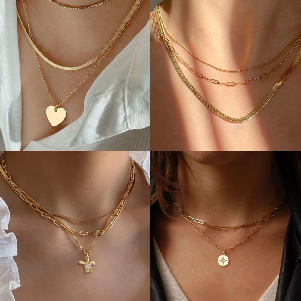 Women's Multi-layer Necklace Gift Set Gold Heart Pendant + Snake Bone Chain + Round Bead Chain French Light Luxury Style Versatile Necklace Niche Design Accessories