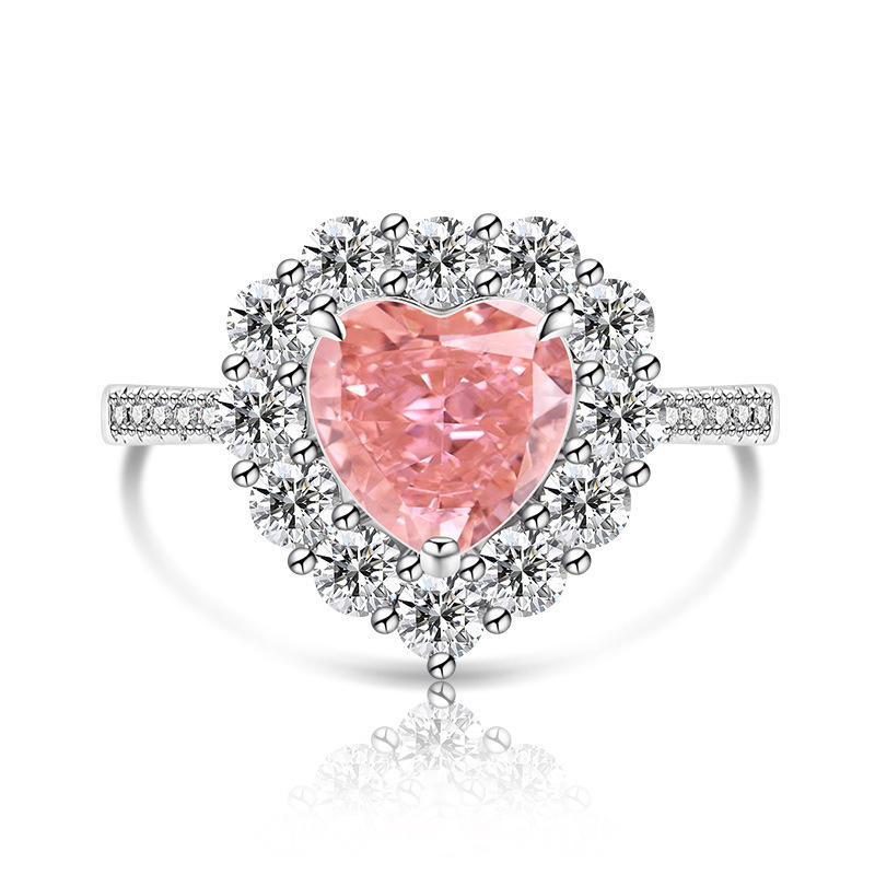 Fashion Heart-shaped Plated Platinum Ring Simple Luxurious Ice Crystal Cut Colored Gemstone High Carbon Diamond Ring Live Streaming Dropshipping
