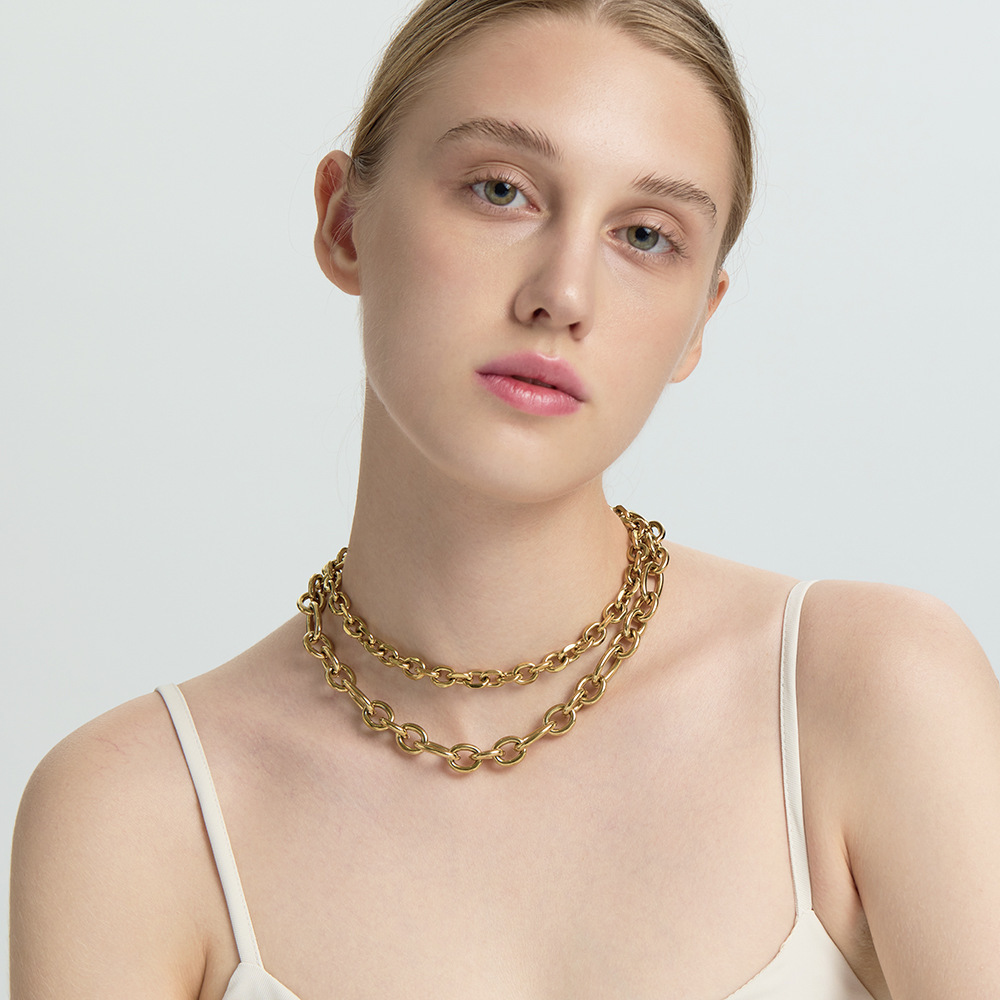 Trendy Hip Hop 18K Gold Plated Stainless Steel Cuban Link OT Buckle Necklace Clavicle Chain DIY Accessories For Women