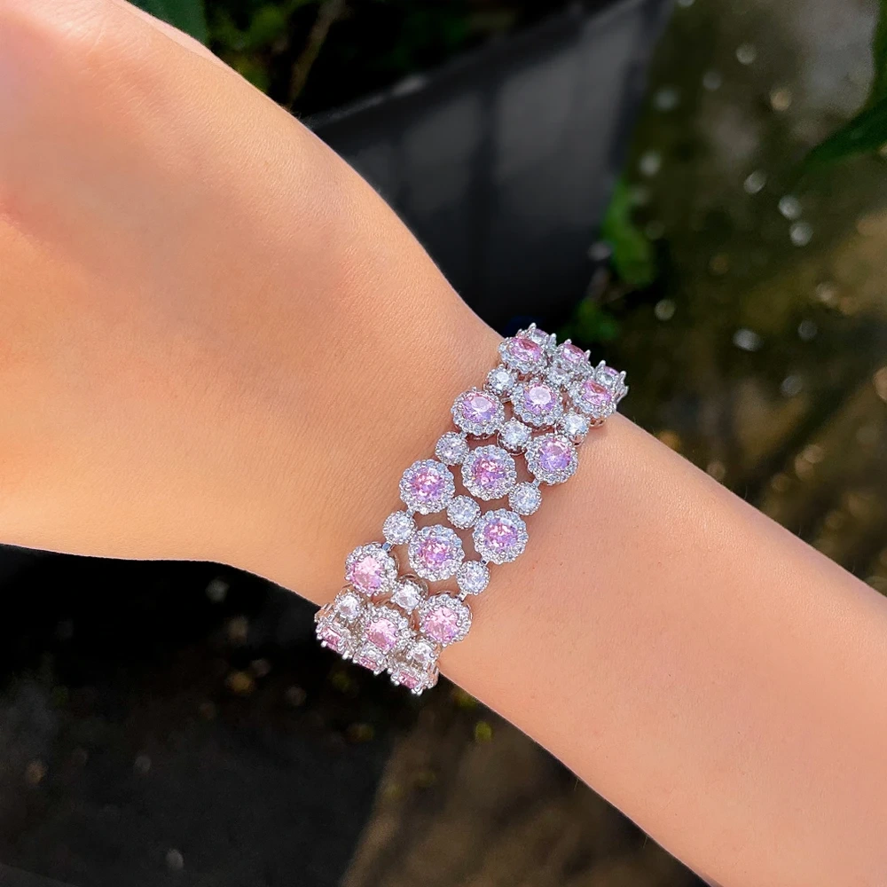 1 Copper Bracelet Luxurious Shiny Red Round Cubic Zirconia Wide Bangle For Women Exquisite Mother's Day Jewelry Holiday Gift