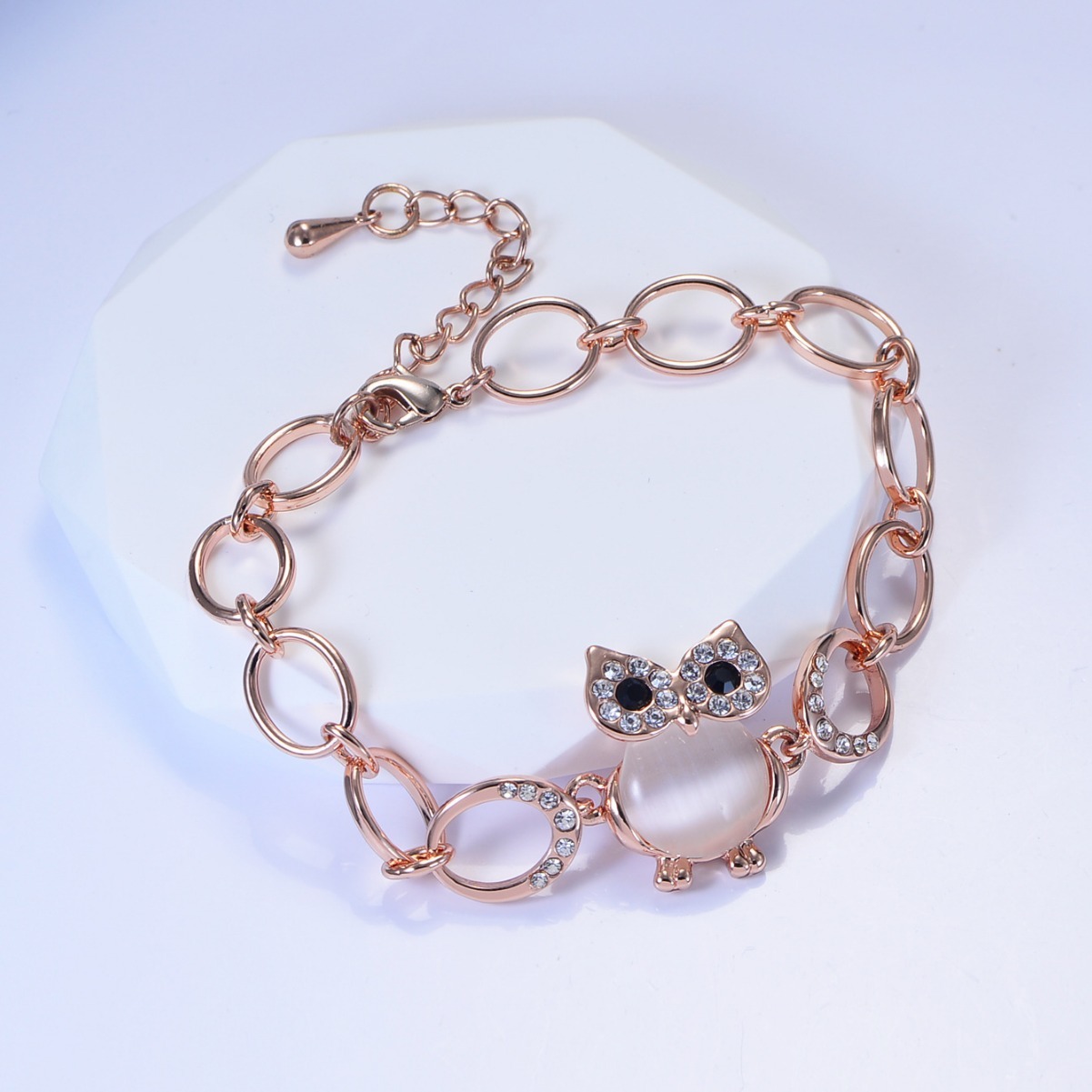 Handmade Rose Gold Cat's Eye Stone Small Animal Cute Moonstone Owl Bracelet Minimalist Style Jewelry For Women Business Occasion