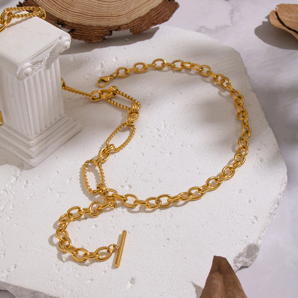 Geometric Minimalist Style Electroplated Real Gold Vacuum Electroplating (In Furnace) One-Word Tassel Pendant Necklace Women's Sweater Chain Accessories Jewelry Wholesale