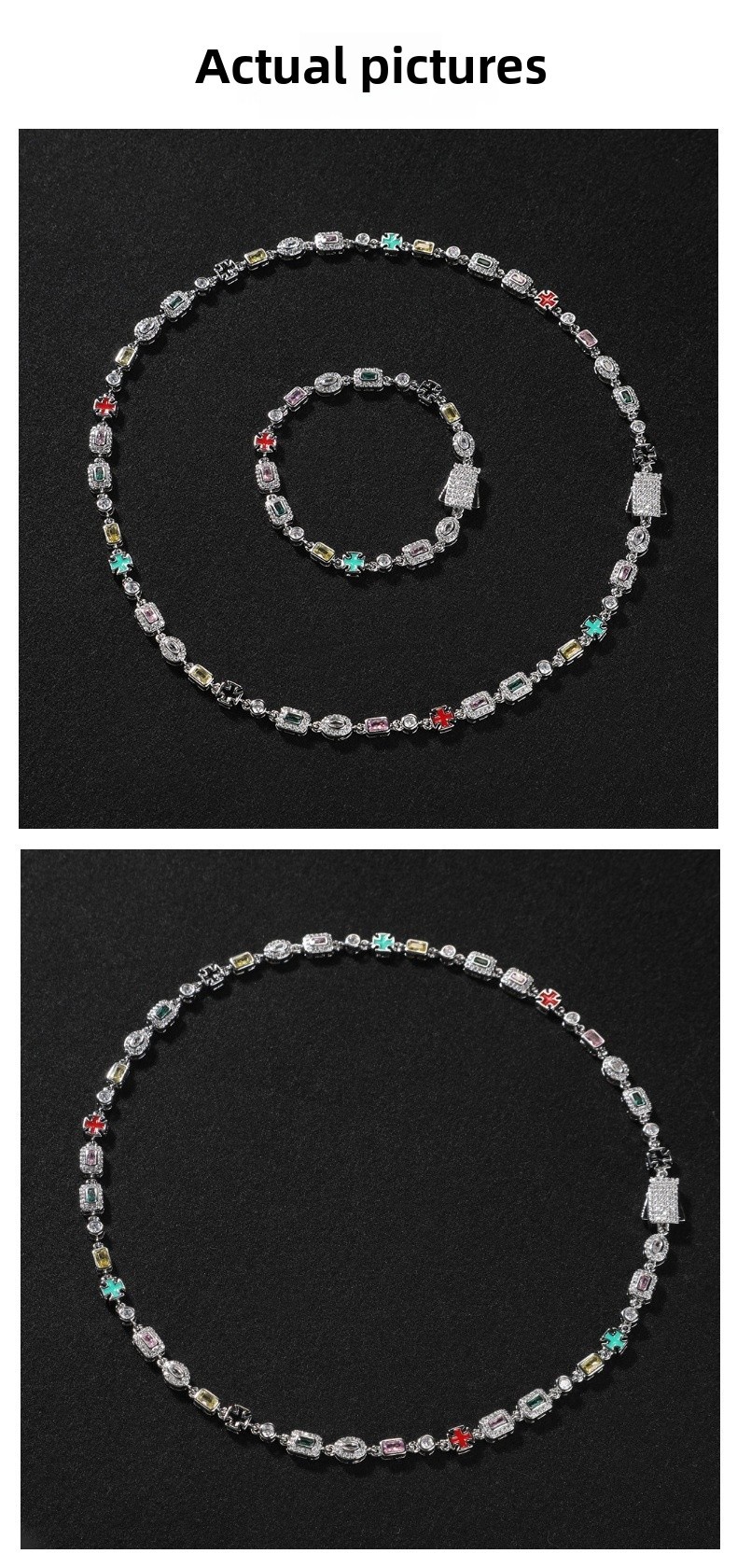 Colorful Gemstone Bracelet Unisex Hip-Hop Style Gold-Plated Copper Geometric Pattern Fashion Jewelry Inlaid Diamond Trendy Necklace Suitable For Men And Women