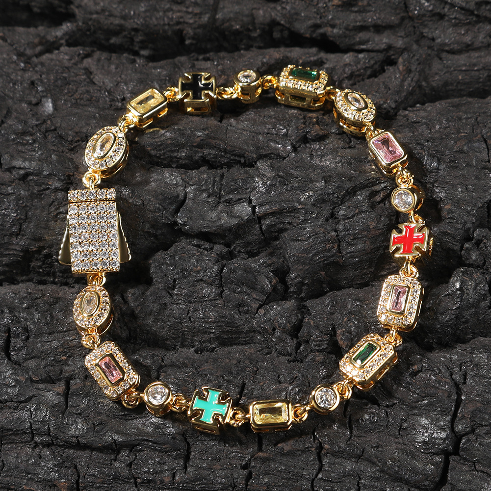 Colorful Gemstone Bracelet Unisex Hip-Hop Style Gold-Plated Copper Geometric Pattern Fashion Jewelry Inlaid Diamond Trendy Necklace Suitable For Men And Women