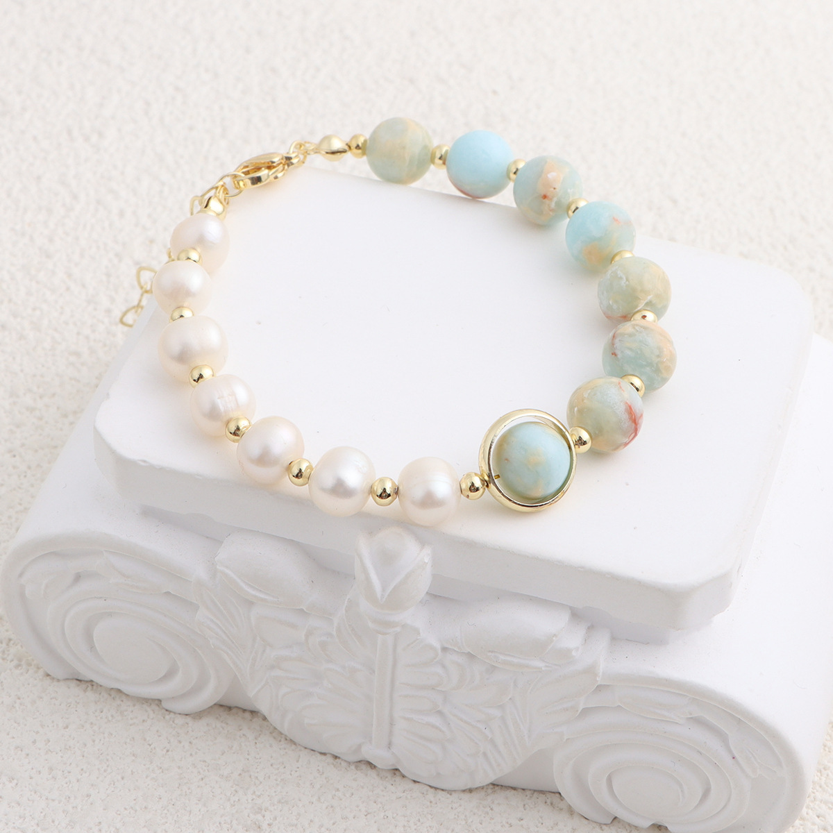 Retro Natural Freshwater Pearl Beaded Bracelet Unique Design TianShan Cuì ShòuShān Stone Bracelet Geometric Pattern Women's Jewelry