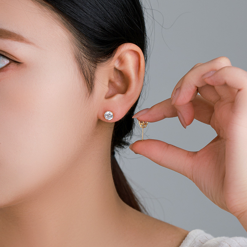 Classy Six-Pronged Single Zircon Earrings Gold Plated 24K Classic Style 12 Pairs Per Card For Women Fashion Jewelry