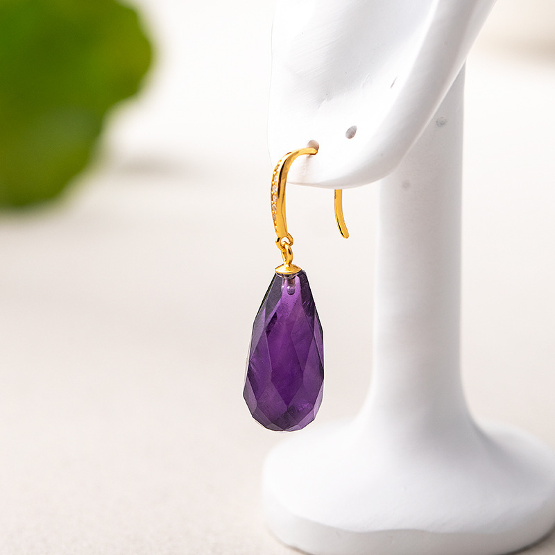 S925 Silver Gold Plated Natural Uruguay Purple Quartz Faceted Lotus Flower Ear Hook Dangle Women's Earrings Geometric Pattern