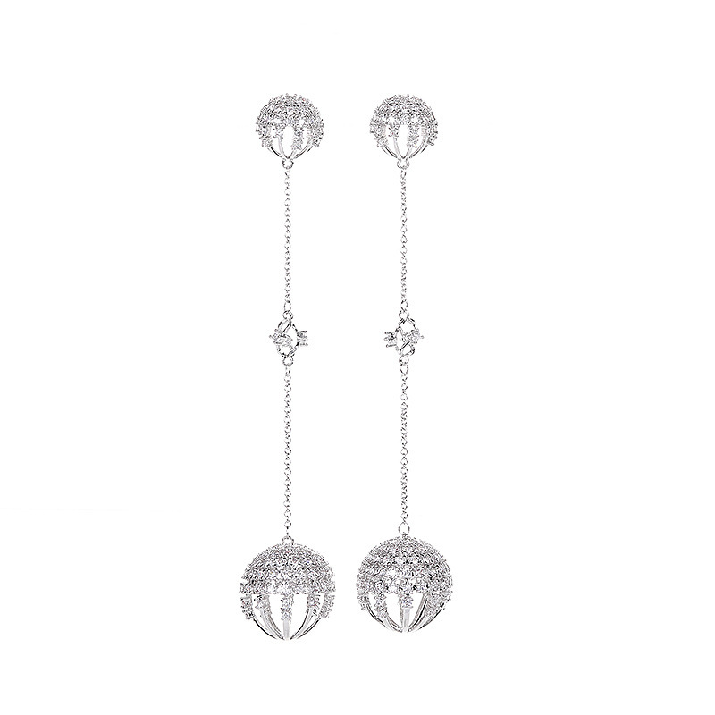 Fashionable Long Diamond Embedded Round Ball Chain Earrings Women's Simple Elegant Trendy New Style Hoop Earrings