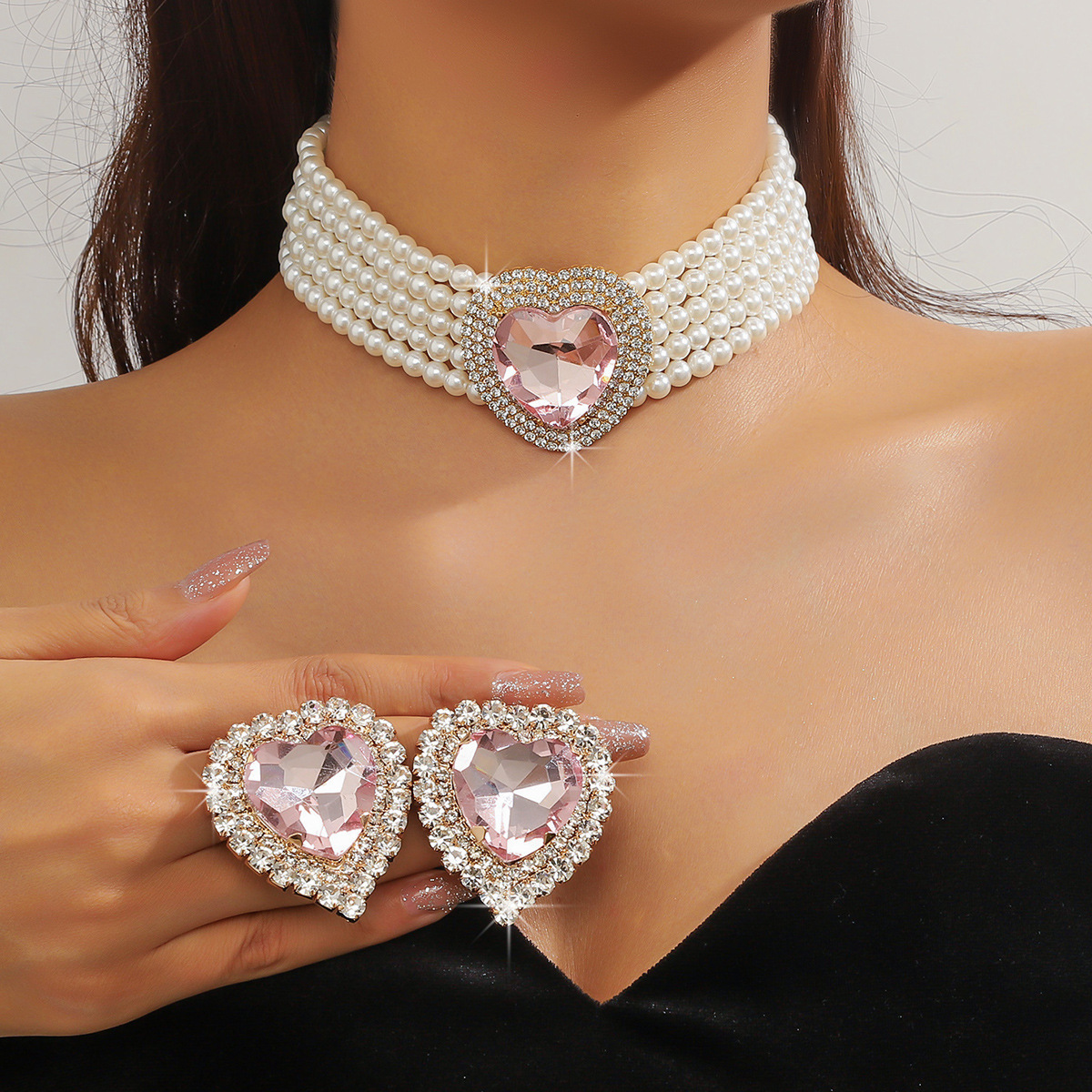 1 Set Glam Luxurious Lady Geometric Heart Shape Artificial Crystal Imitation Pearl Copper Inlay Artificial Crystal Women's Beaded Chain Jewelry Set