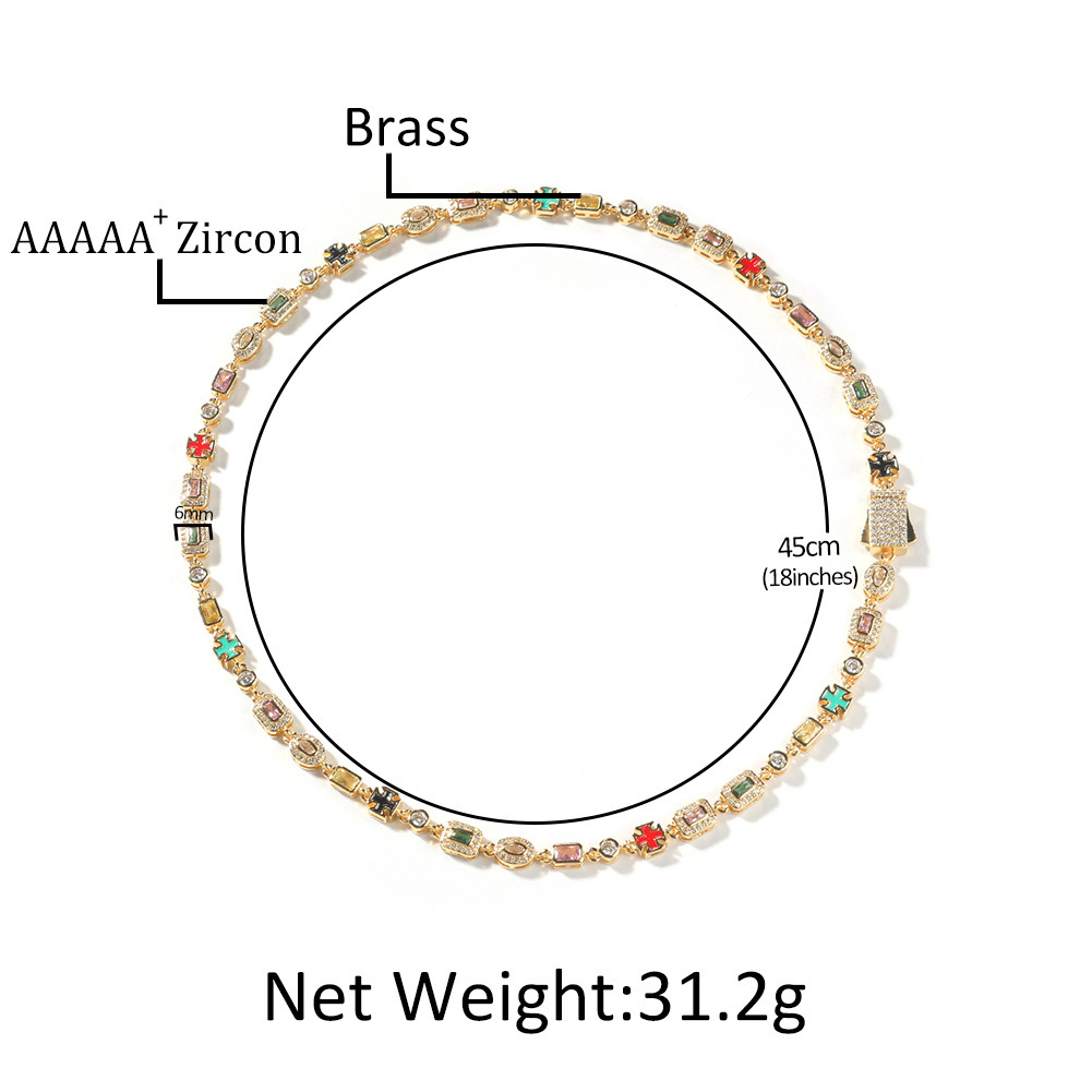 Colorful Gemstone Bracelet Unisex Hip-Hop Style Gold-Plated Copper Geometric Pattern Fashion Jewelry Inlaid Diamond Trendy Necklace Suitable For Men And Women