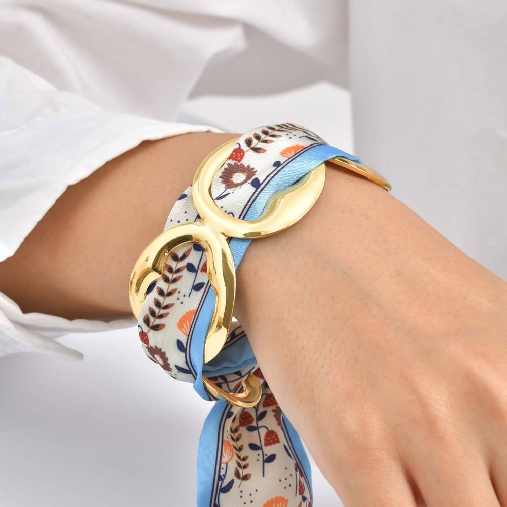 Water Plated Imitation Gold 304 Stainless Steel Vintage Bohemian Style (Floral Print) Open Bracelet Matching Scarf Fashion Elegant Women's Accessories