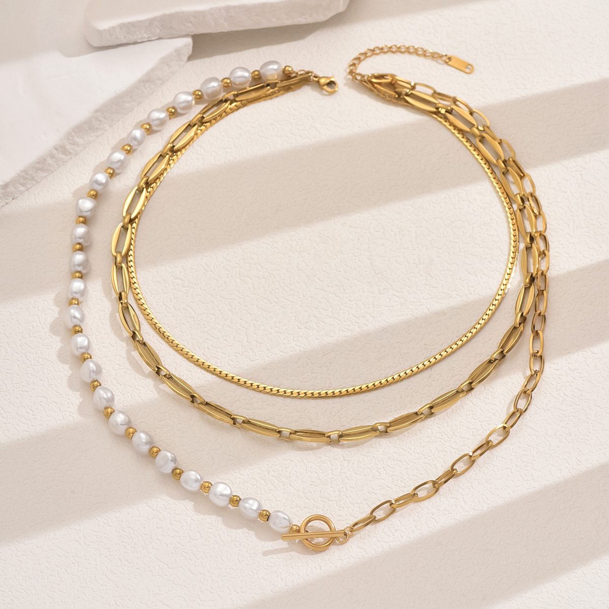 A   Style Imitation Pearl OT Buckle Chain Twin Three-Layer Necklace Baroque Style Temperament Personality Lady Date Party Gathering Matching Necklace