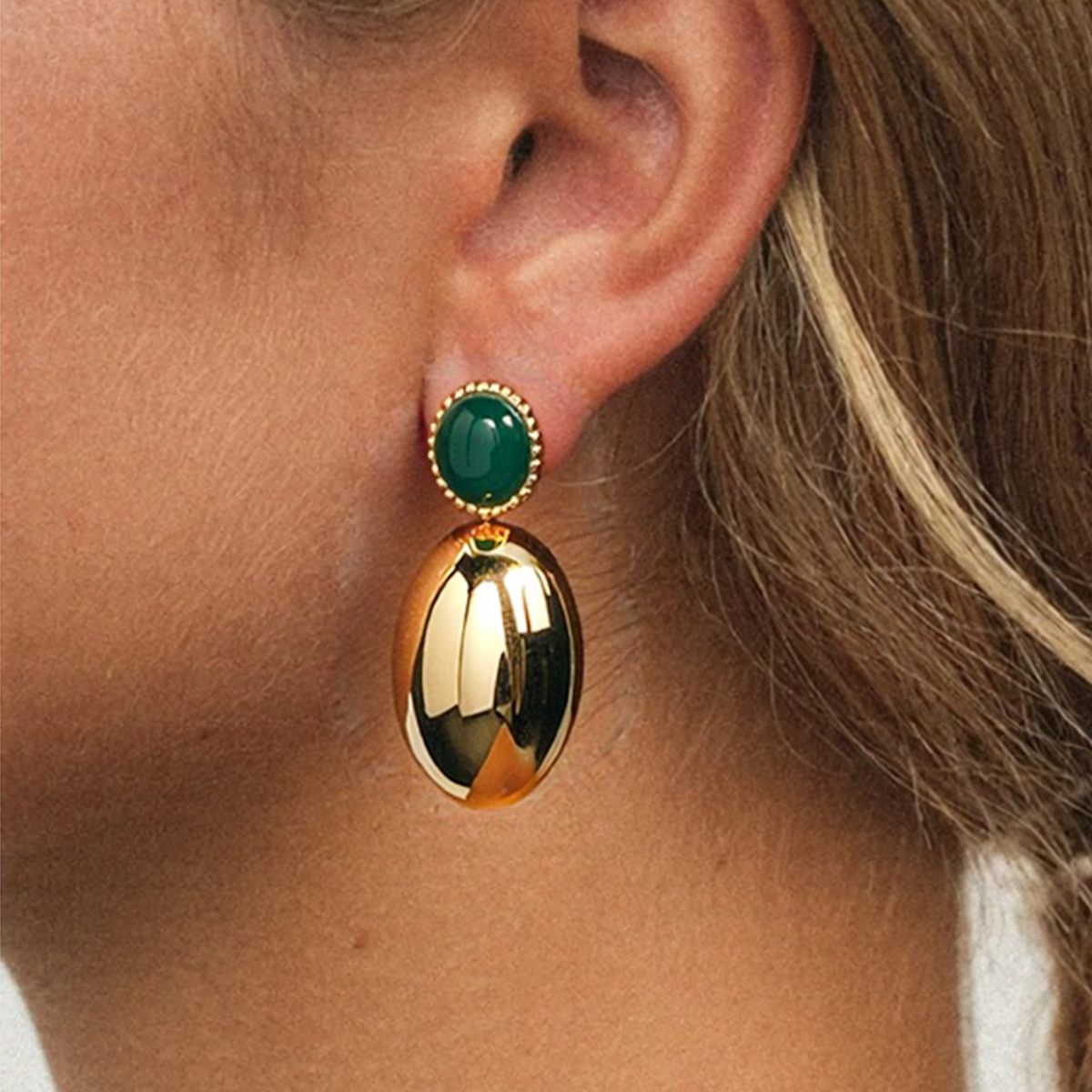 18K Gold Plated 304 Stainless Steel Vacuum Electroplated Vintage Oval Natural Stone Earrings Jewelry Women's Accessories Waterproof Non-Fading Three-Dimensional Design