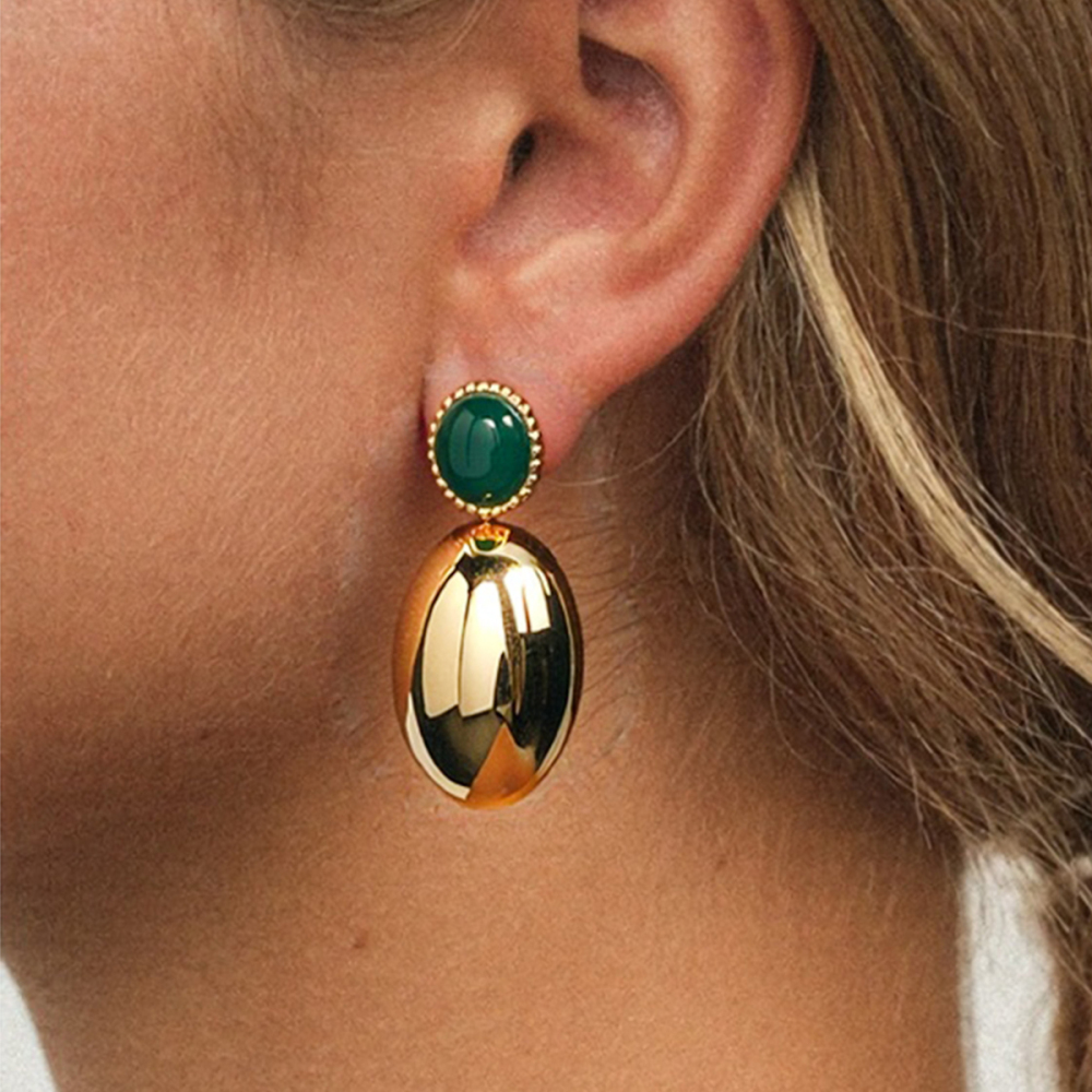 18K Gold Plated 304 Stainless Steel Vacuum Electroplated Vintage Oval Natural Stone Earrings Jewelry Women's Accessories Waterproof Non-Fading Three-Dimensional Design