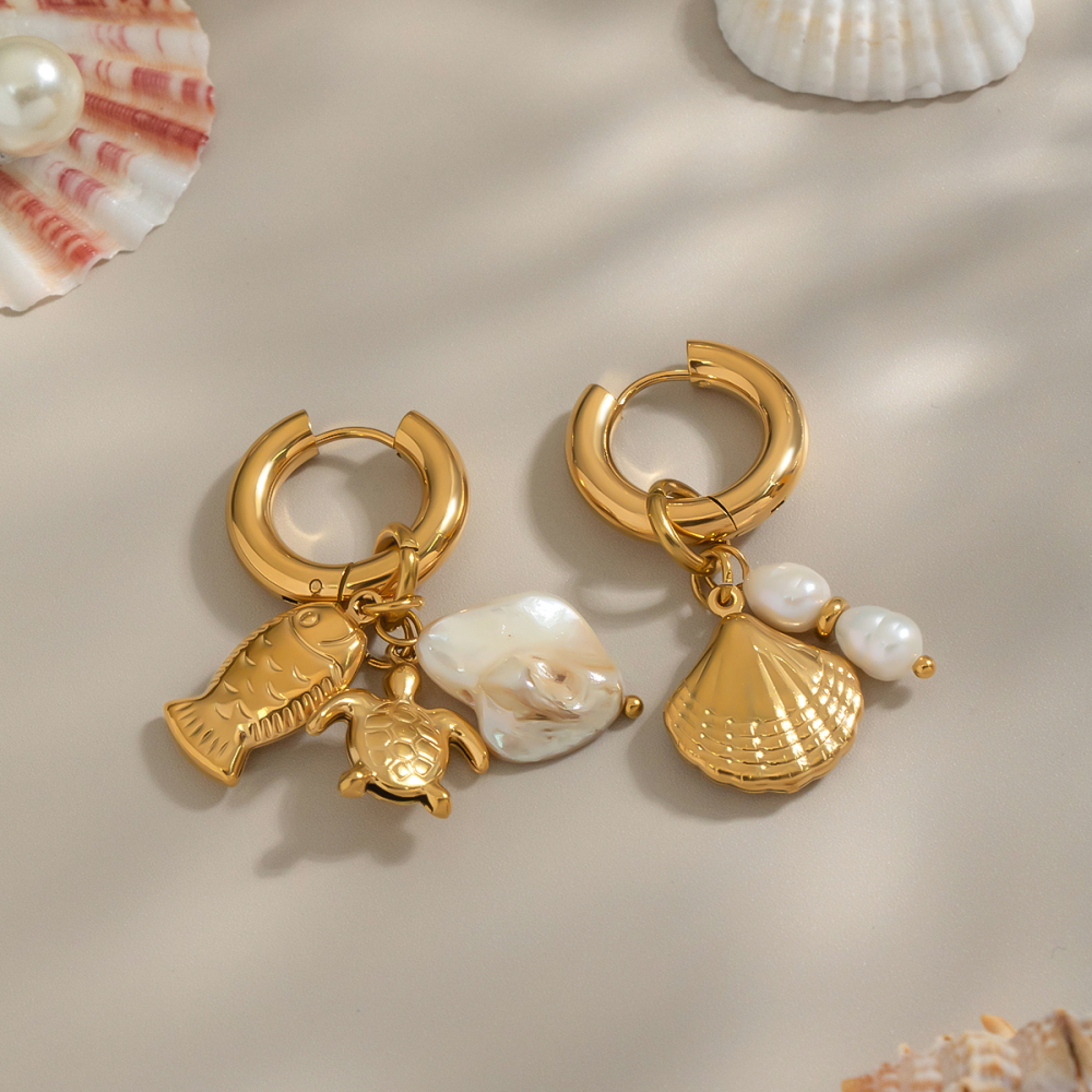 Elegant Fashion Jewelry Turtle Fish Shell Pearl AB Style Stainless Steel Non-fading Beach Accessories Earrings For Women