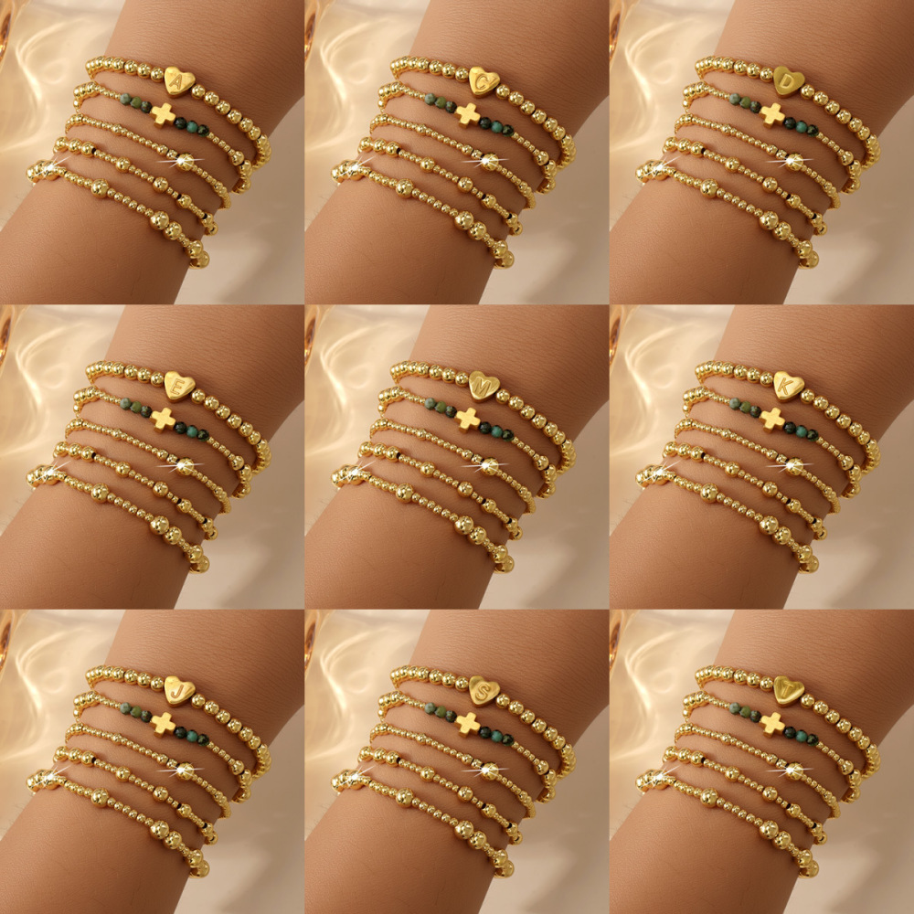 Luxurious Golden Heart Letter African Copper Beads Bracelet Set Of Five Facet Cut Loose Women's Fashion Jewelry Accessories