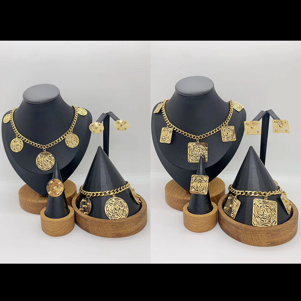 European And American Fashion Trend Ins Style Exaggerated 304 Stainless Steel Hollow Round Square Necklace Earrings Ring Bracelet Set