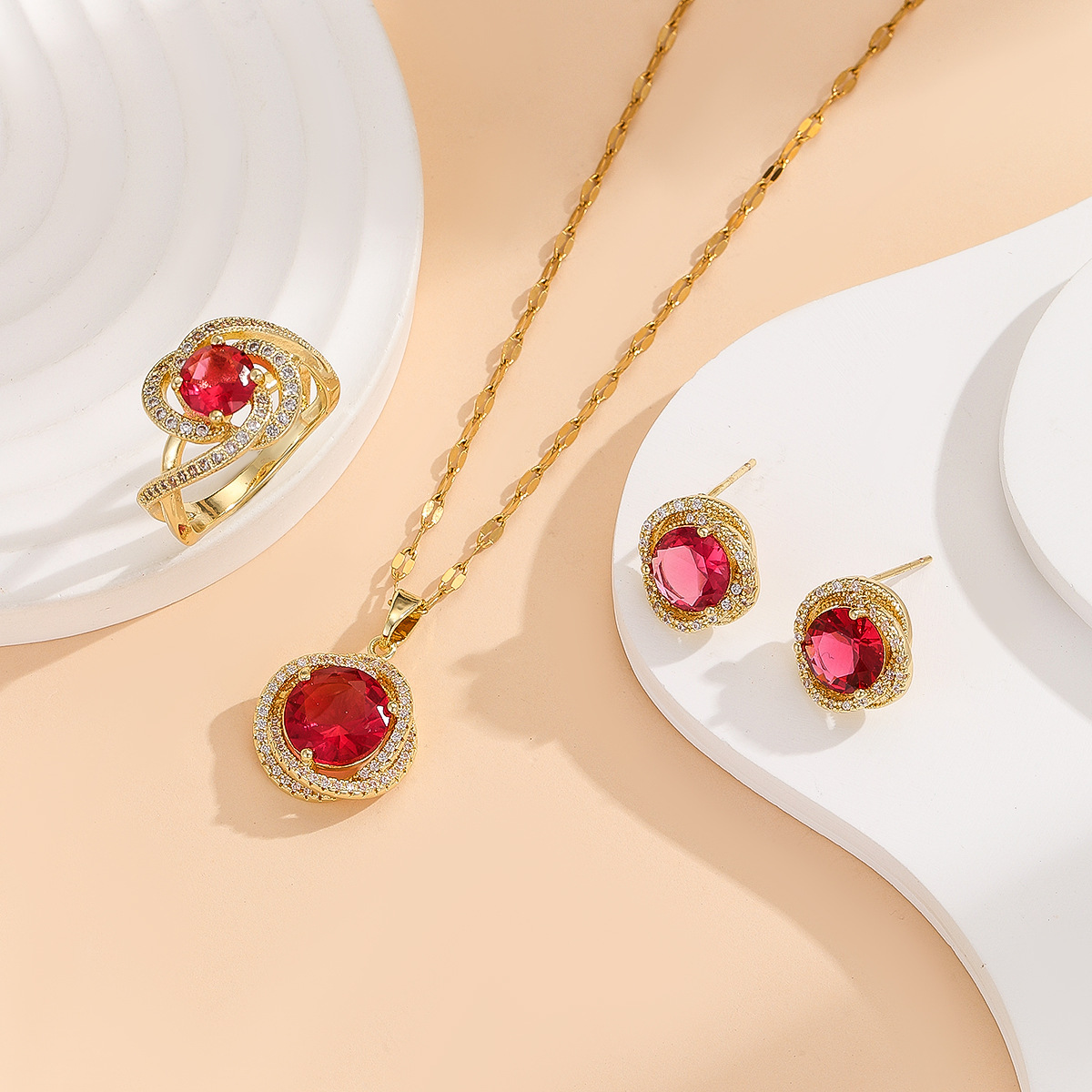 Elegant Retro French Style Copper Embedded Zirconia Ring Necklace Earring Set For Women Flashy Unique Three-piece Jewelry