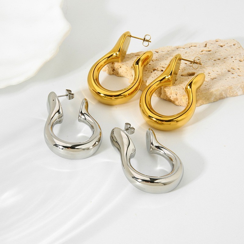 Fashionable Geometric Stainless Steel Hoop Earrings Unusual U-Shaped Waterproof Women's Jewelry Accessories Ins Style Gold Plated