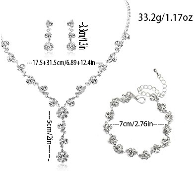 Fashionable  Diamond Floral Tassel Necklace Set Bridal Three-Piece Jewelry Set Elegant Silver Plated Accessories