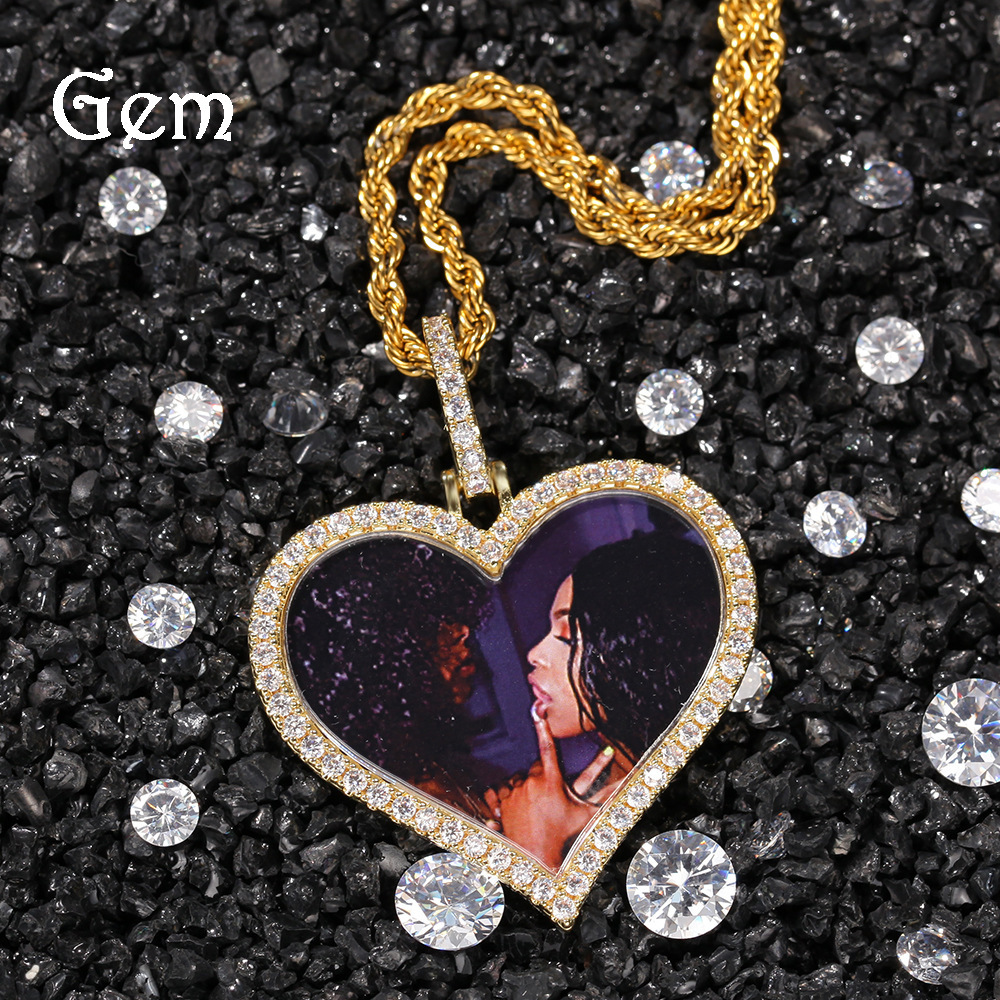 Fashion Hip-Hop Style Pendant Necklace Copper Material Inlaid With Zircon Heart-Shaped Photo Unisex Internet Celebrity Style Jewelry Accessories