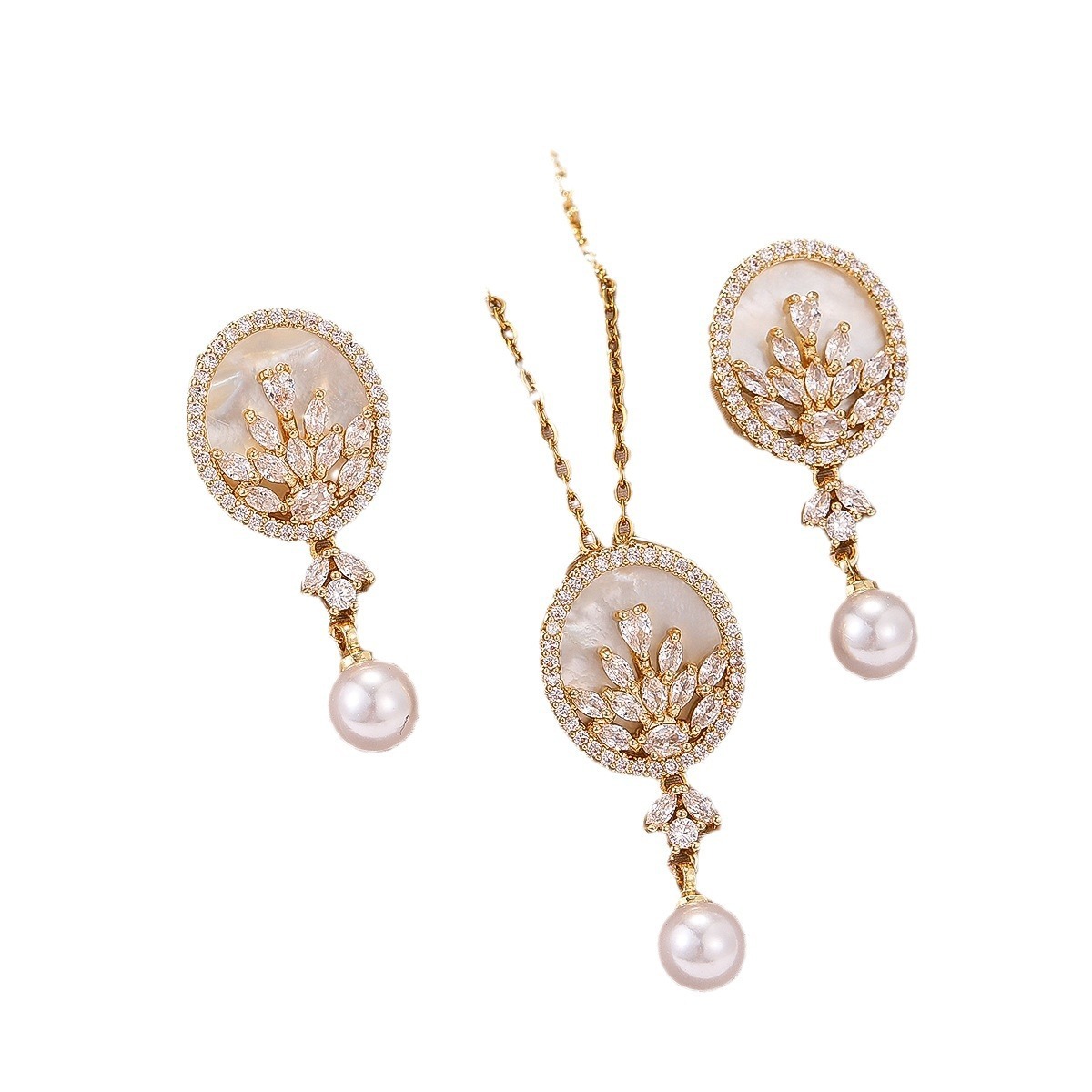 Elegant Copper Embedded Zircon Necklace And Earring Shell Set For Women Fashionable Lockbone Chain Design Jewelry Kit