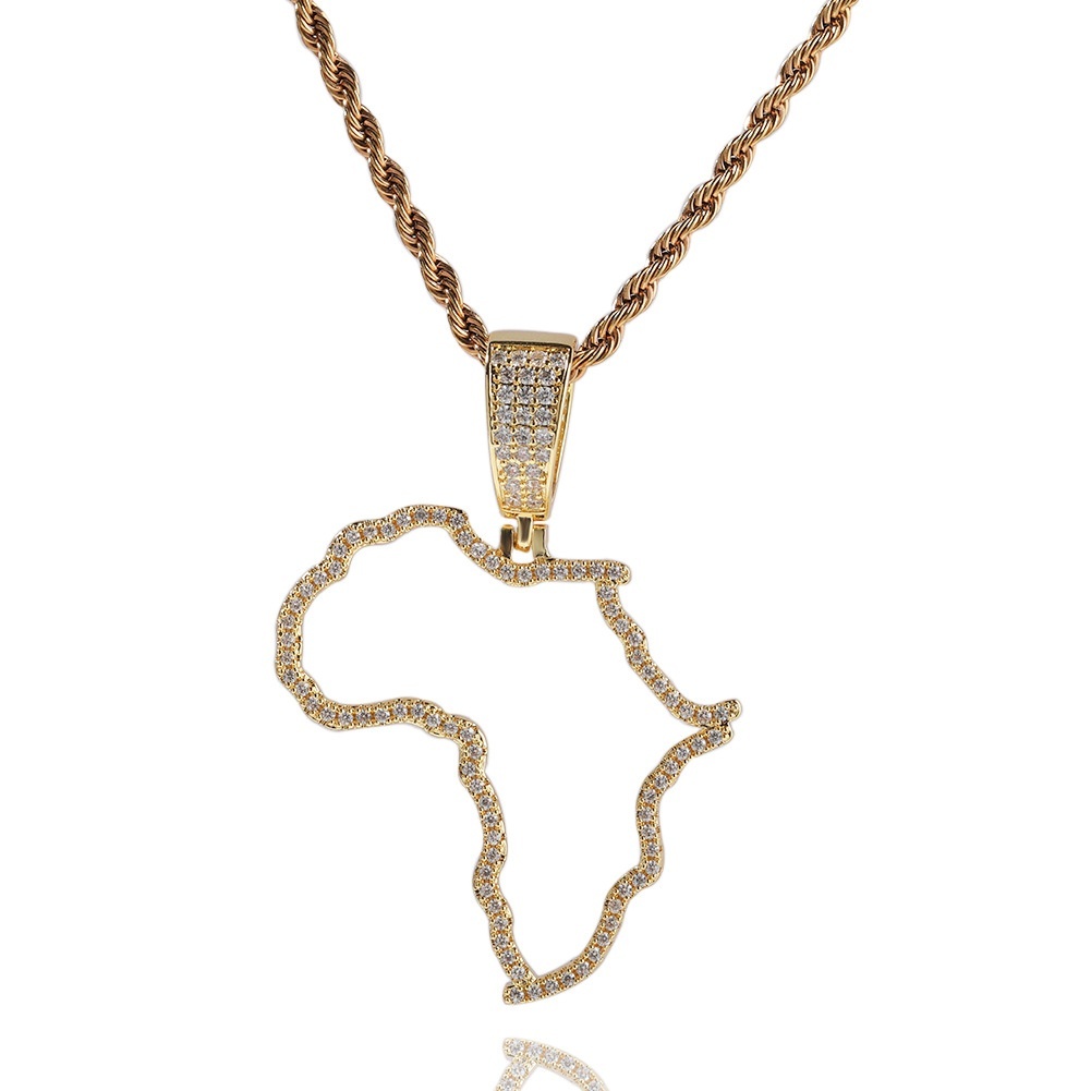 Fashion Hollow Copper Inlaid Zircon African Map Pendant Vacuum Electroplated 304 Stainless Steel Unique Design Hip Hop Style Fashion Accessories