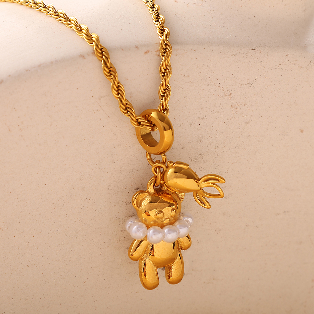 New Fashion Light Luxury Bear Pearl DIY Pendant Necklace Stainless Steel 18K Gold Plated Versatile Necklace