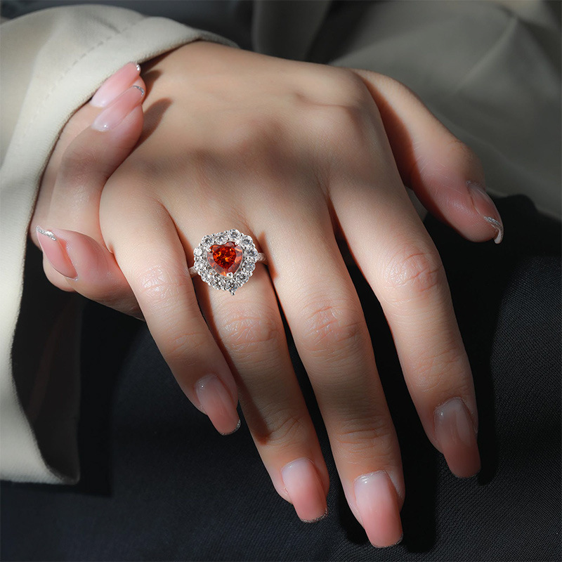 Fashion Heart-shaped Plated Platinum Ring Simple Luxurious Ice Crystal Cut Colored Gemstone High Carbon Diamond Ring Live Streaming Dropshipping