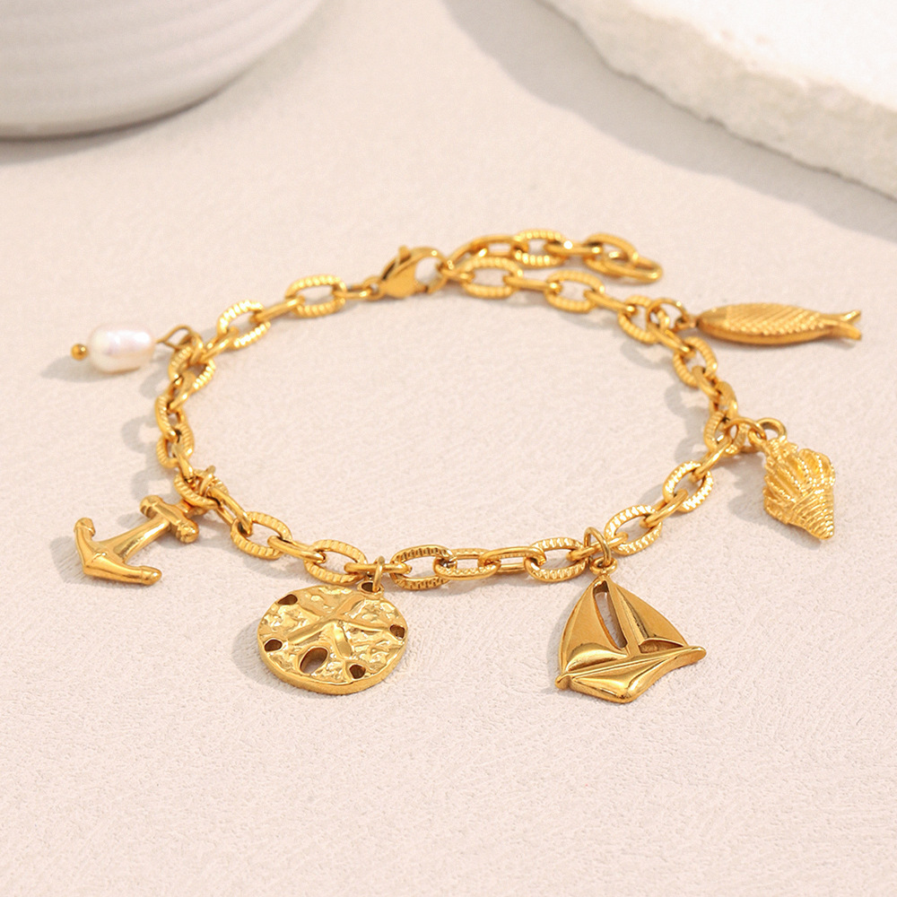Summer Ocean Vacation Style Stainless Steel 18K Gold Plated Pendant Bracelet Fashionable Geometric Pattern Women's Jewelry