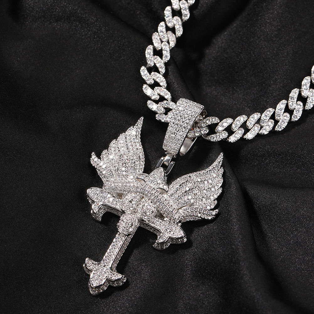 Creative Angel Wing Cross Necklace Couple Sweater Chain Hip Hop Style Geometric Pattern Copper Jewelry Accessories For Men And Women