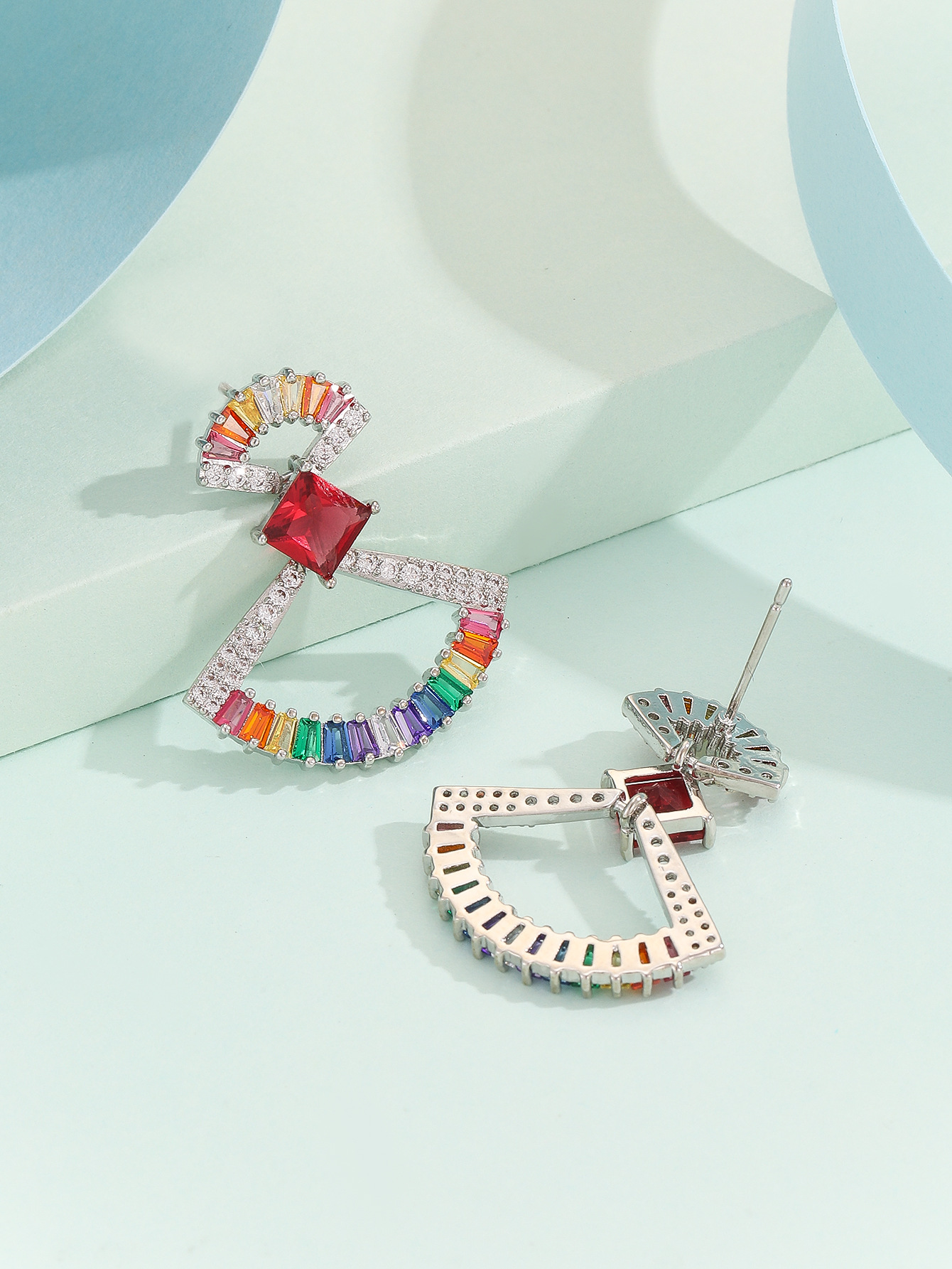 Elegant Long Colorful Zirconium Earrings For Women Geometric Pattern Copper Material Ins Style Star And Fan Shaped Plated Jewelry