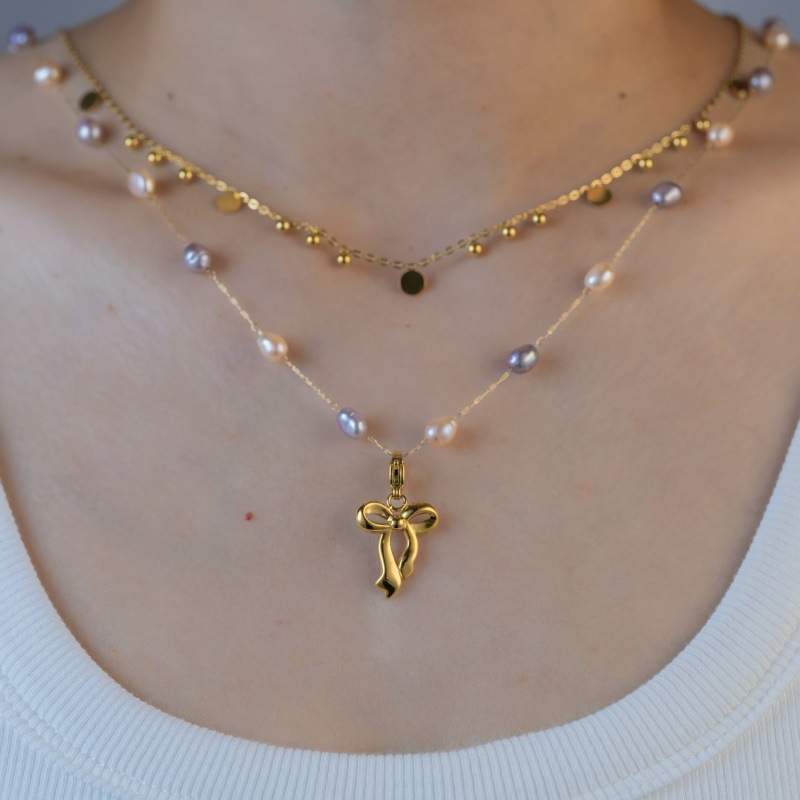 Graceful Natural Pearl Pendant Necklace Princess Bowknot Stackable Multifunctional Titanium Steel 304 Stainless Steel Necklace For Women