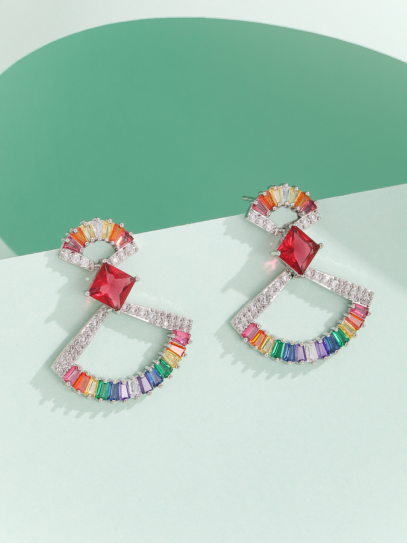 Elegant Long Colorful Zirconium Earrings For Women Geometric Pattern Copper Material Ins Style Star And Fan Shaped Plated Jewelry