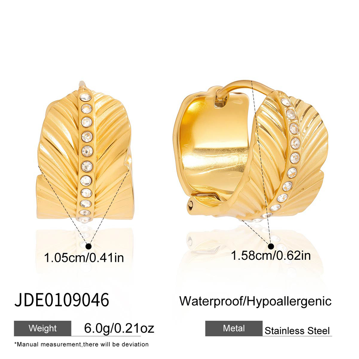 Women - Classic Style / 18K Gold 304 Stainless Steel + Rhinestones + Geometric Pattern / Leaf Earrings With White Diamonds