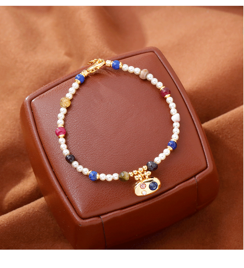 Original Design Vacation Style Women's Bracelet Fashion Luxury Imitation Pearl Lapis Lazuli Accessories Geometric Pattern Copper